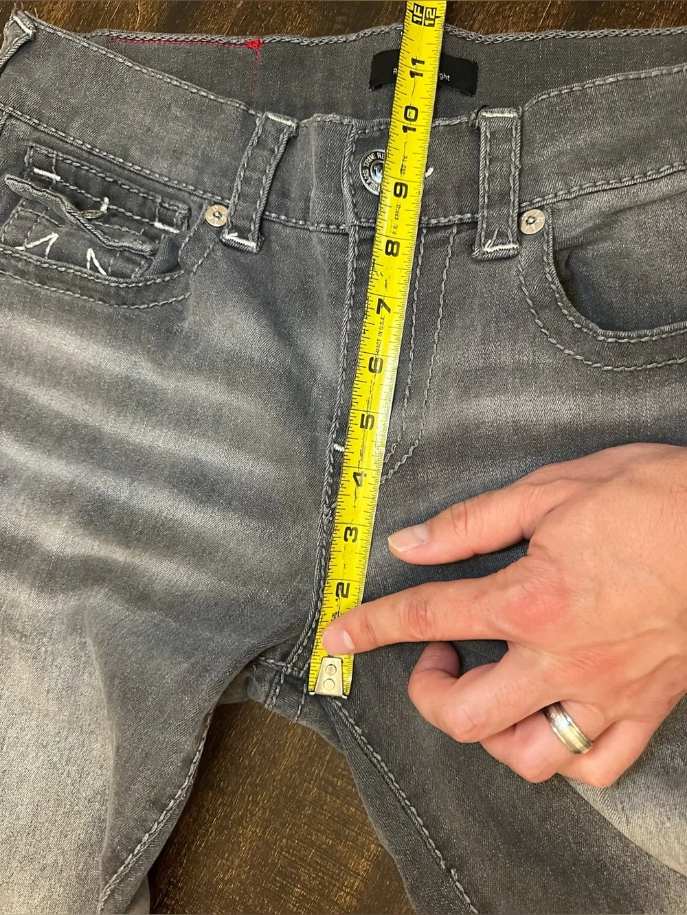 True Religion Mens Size 31x33 Ricky Big T Flap Relaxed Straight Jeans Gray Denim